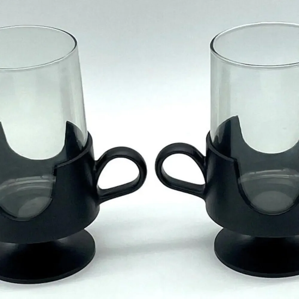 Retro Black‎ Handle Pedestal 8oz Glass Mugs Corning Hot Cold GLAS SNAP
